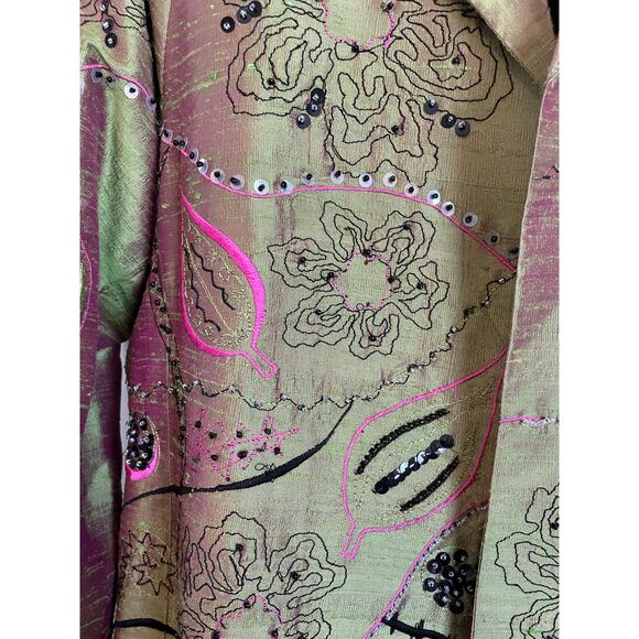 Bleu Bayou grean silk blazer embroidered beaded pink black collar art Large - Picture 3 of 7